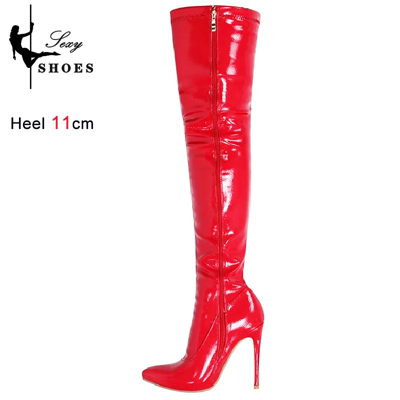 Autumn Over-the-Knee Stretch Boots Patent Leather Pointed Toe Zipper 11cm Thigh High Boots Sexy Shoes for Women Stripper Shoes