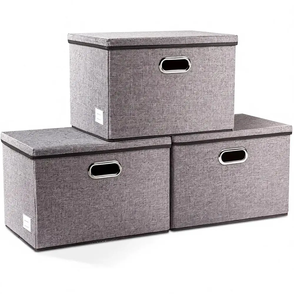 

Collapsible Storage Bins Set of 3 - Linen Cotton Blend, Foldable Organizer Boxes with Lids for Home, Bedroom, Closet, Office, Nu