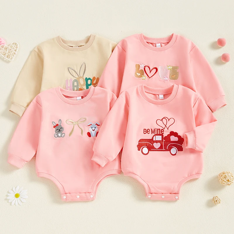 

0-18 Months Baby Girls Sweatshirt Romper Bunny/Letter/Truck Embroidery Long Sleeve Jumpsuits for Toddler Casual Clothes