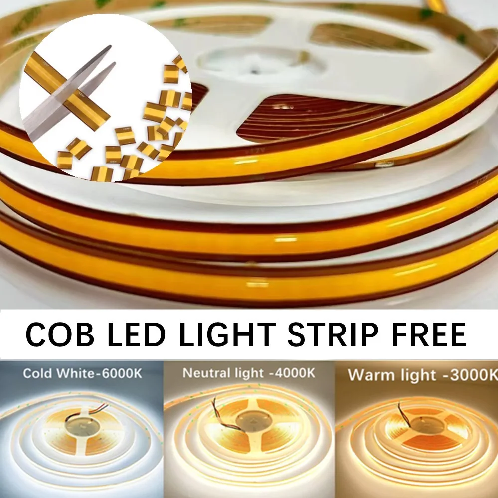 COB LED Light Strip Free Cut PCB 8mm 12V 24V With 2PIN Wire DC Plug 400LEDs/m 3000k 4000k 6000k Flex Lamp 0.5m 1m 2m 3m 5m 10m