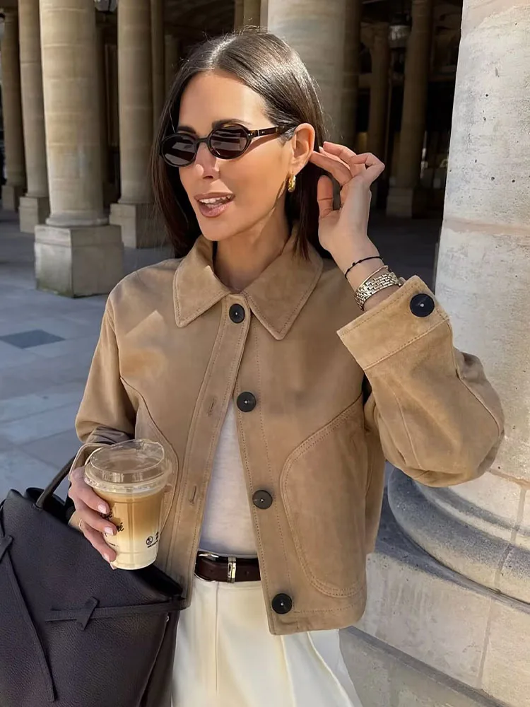 HH Vrouwen Herfst Mode Veelzijdige Suède Getextureerde Jassen Vrouwelijke Lange Mouwen Revers Single-breasted Met Zakken Causale Jassen