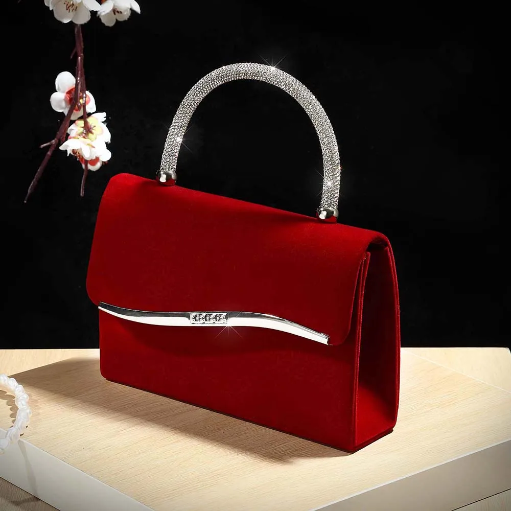 New wine red velvet diamond-encrusted handbag for ladies a luxurious small square bag for dinner parties and a fashionable met view 2