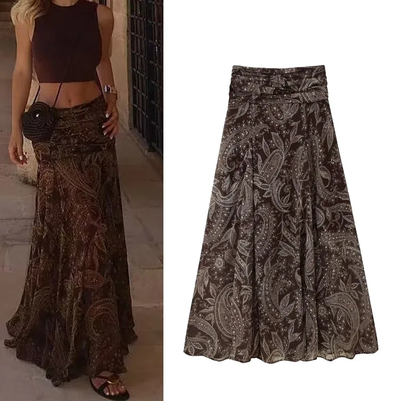 

All Season Printed Side Zipper Decorative Pleated Long Skirts Women High Waist Ruffles MIDI Skirt Female Casual Vintage Wear