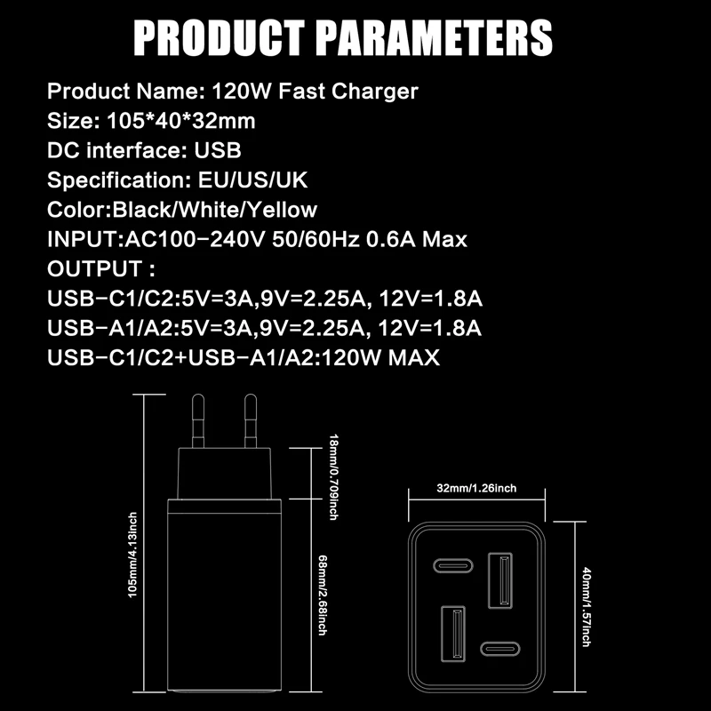 Lenovo 120W Ladegerät mit 2 USB- und 2 Typ-C-Anschlüssen, Multi-Port-Ladegerät, 5V2A Wandladegerät, EU- und UK-Standard-Ladegerät – Detail 10