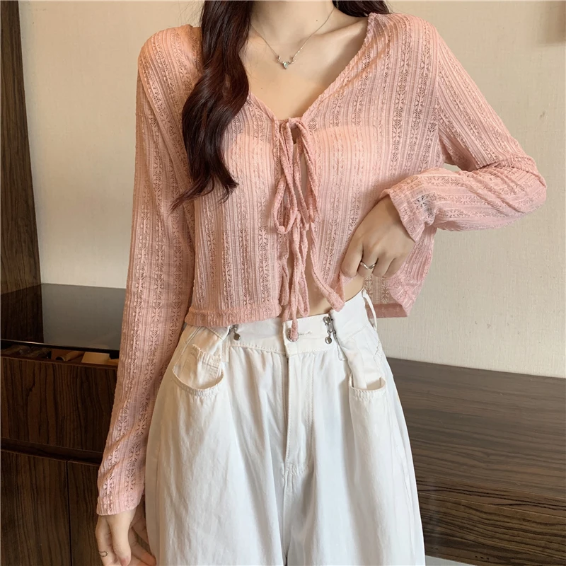 Pearl Diary Solid Color Thin Sunscreen Shirt V-Neck Knitting Top Women Frenulum Hollow Out Long Sleeve Cardigan