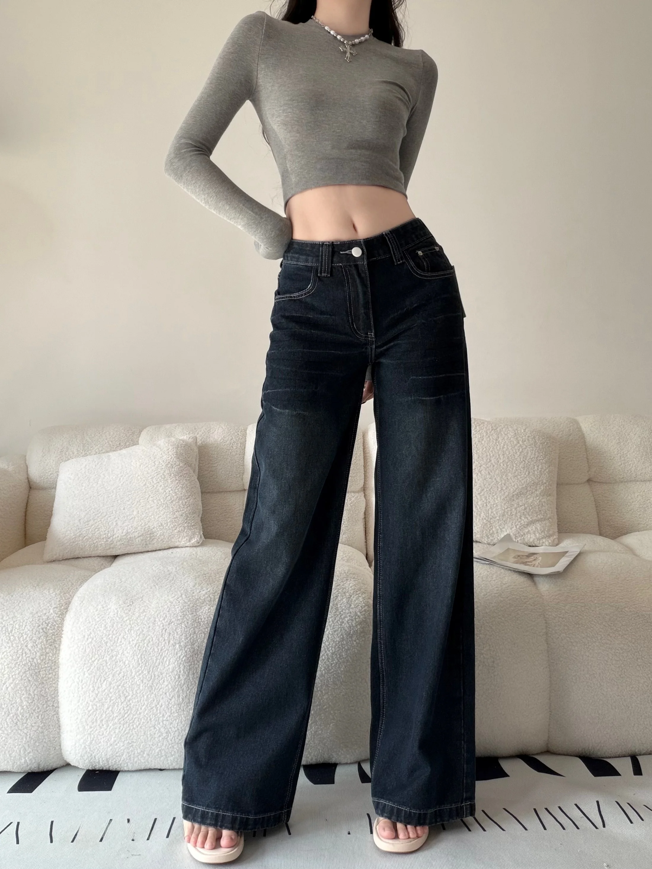 

American Retro High Waist Loose Straight Leg Blue Jeans Women's Wide Leg Floor Length Pants Slimming Effect Four Seasons