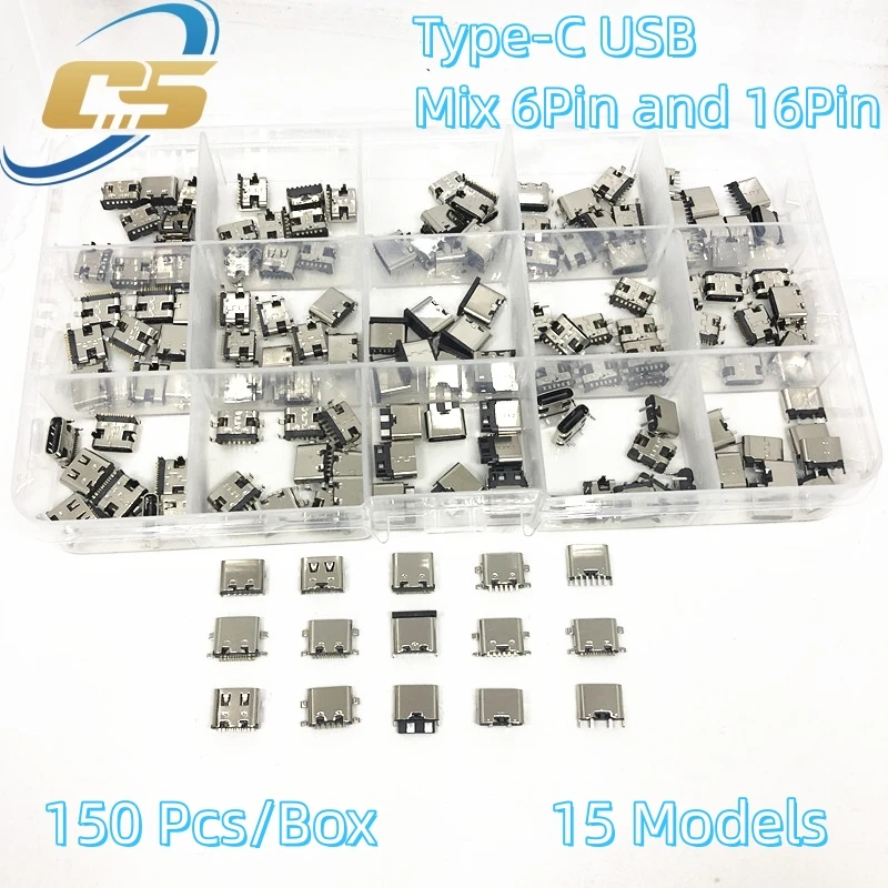 150 قطعة/صندوق 15 نماذج Type-C USB شحن حوض موصلات مزيج 6Pin و 16Pin استخدام للهاتف ومجموعات إصلاح المنتجات الرقمية