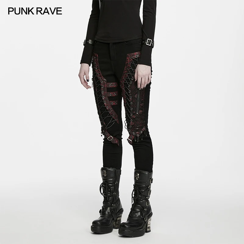PUNK RAVE Women's Punk Decadent Elasticity Denim Pants Drawstrings Design Decadent Rebellious Club Slim-fit Trousers Two Color