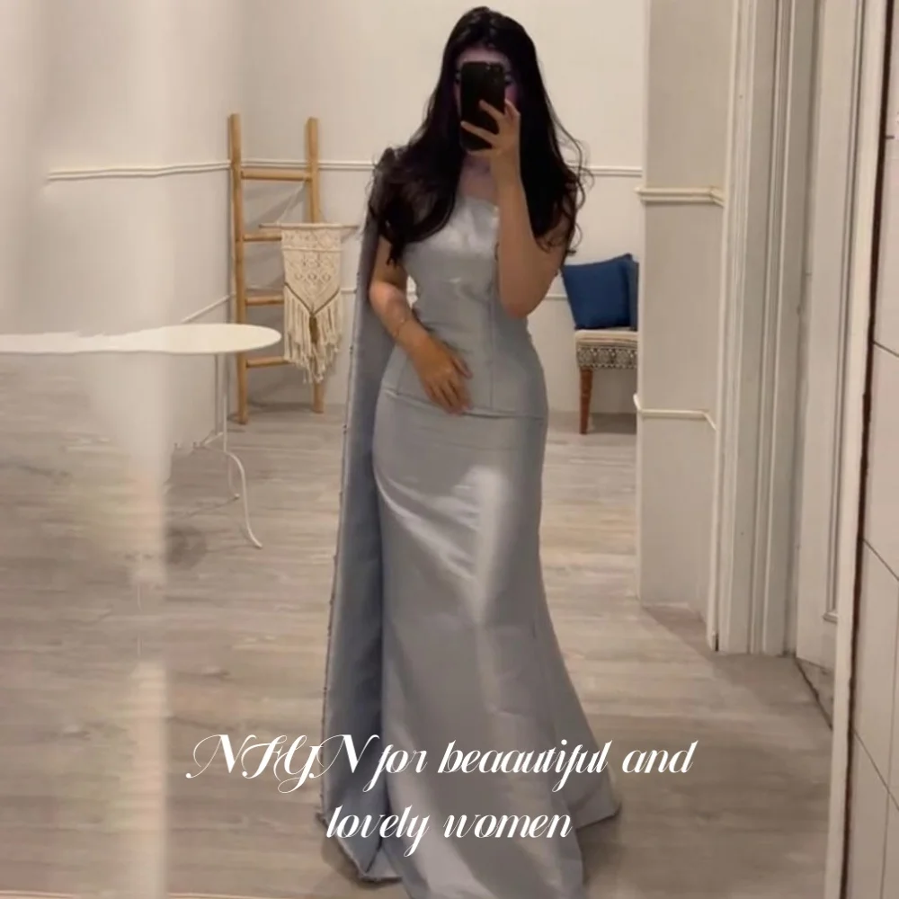 

NFYN Simple Silver Long Stain Party Dress Trumpet Night Dress Sleeveless with Pleats Ruched Evening Gowns Sweep Train Customized