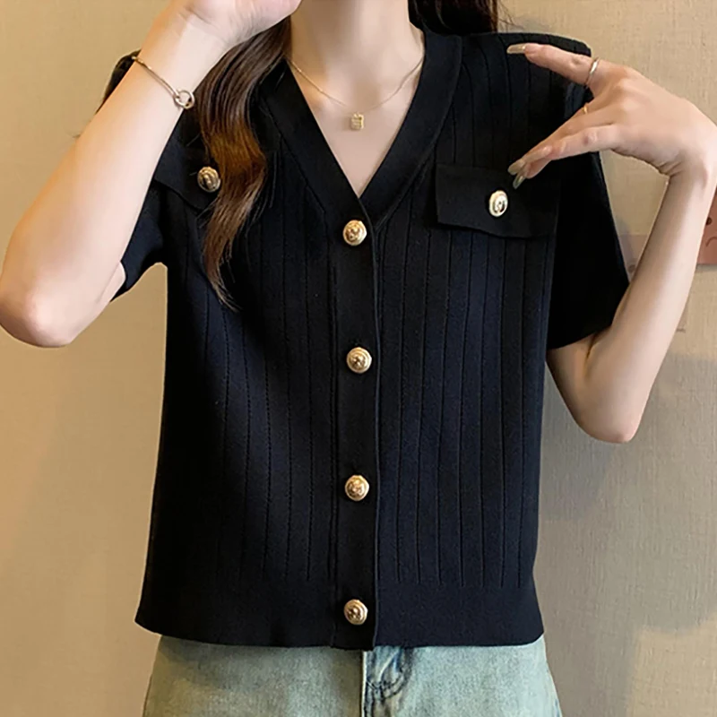 Black White Short Sleeve T-shirt Women V Neck Buttuon Vintage Kintted Top Summer Thin Soft Knit T Shirt Tops Woman 2024 Clothes