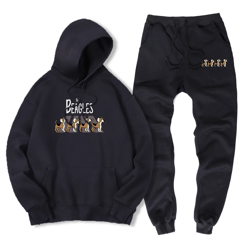 The Beagles Cute Cartoon Dogs Printed Men Hip Hop 2 Piece Set Warm Fleece Sweatshirt + Sweatpant Oversized Loose Sportswear Suit