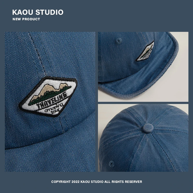 Short-Brimmed Hat Men\'s Washed Denim Soft Brim Peaked Cap Women\'s Style Distressed Patch Big Head Circumference Baseball Cap