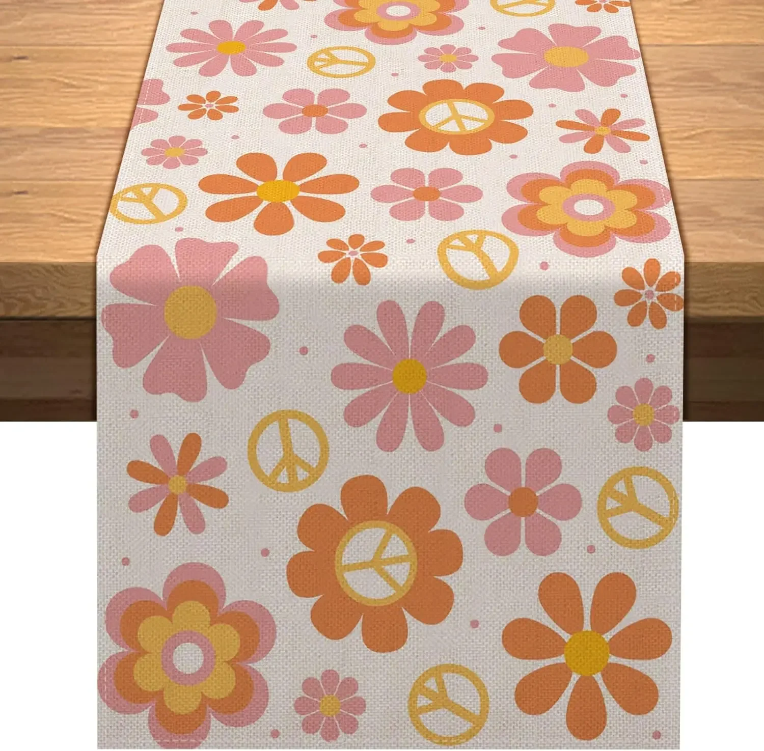Groovy Linen Table Runner Dresser Scarves Reusable Daisy Retro Hippie Boho Rainbow Kichen Table Runners Party Decorations