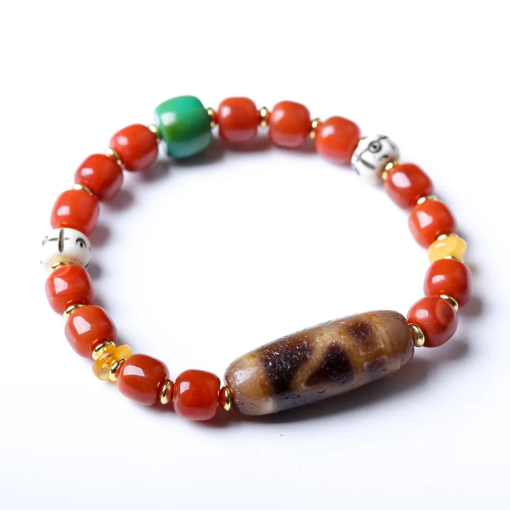Original Design Red Agate Barrel Bead Bracelet Tibetan Style Patina Bodhi Dzi Bead Wristband Gifts
