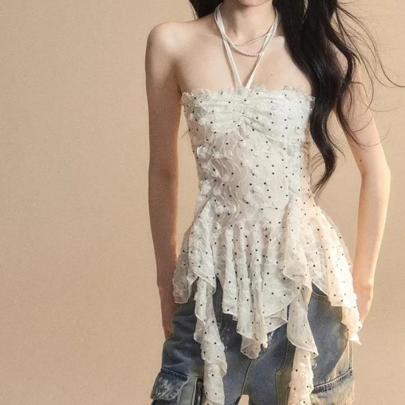Gothic Harajuku Y2k Tank Tops Summer Off-shoulder Irregular Hang Neck Slim T-shirt Women Design Tops Ruffle Grunge Halter Tees