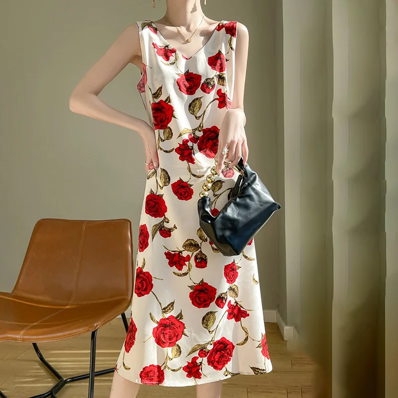 

2024 New Summer Fashion Silk Suspender Dress Plus Size Slim Sleeveless Dress Covered with Meat Foreign Style Sexy Summer Dress