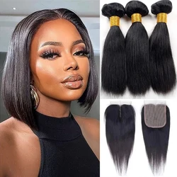 Short Straight Bundles With Closure 3/4 Bundles With Frontal Brazilian Unprocessed Virgin Short Bob Hair Tissage Cheveux Humain