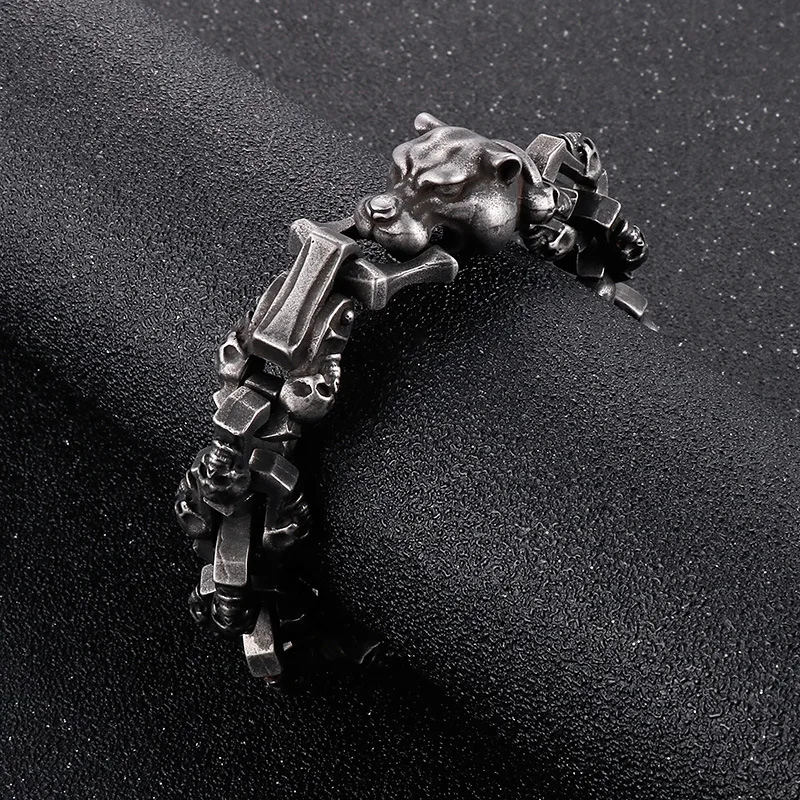 Dark‑Style Vintage Leopard‑Head Bracelet Halloween Skull‑Design Titanium Steel Motorcycle‑Style Men Statement Wrist Jewelry
