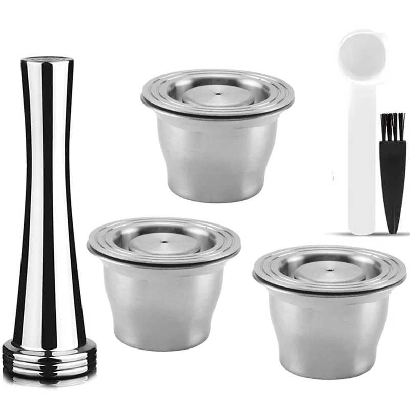 

A83G-Capsules Reusable, Stainless Steel, 12 Pieces Refillable Pads For Nespresso + 4 Tamper + 4 Spoon + 4 Brush
