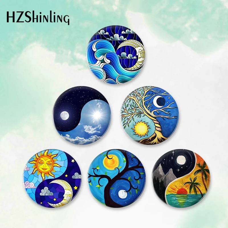 2023 Yin Yang Seawave Sun Moon Round Button Badge Brooch For Clothes Backpack Decoration Pin Jewelry