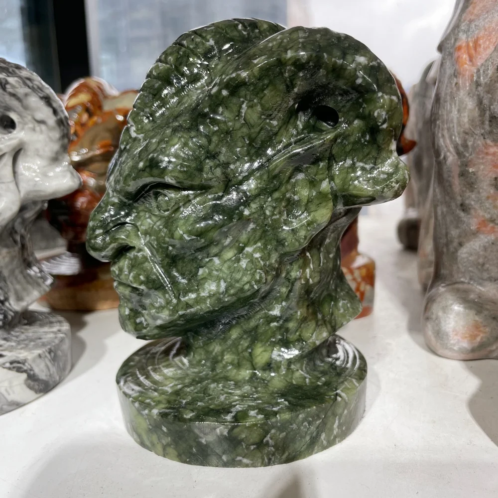13cm Natural Ophiolite Green Stone Baphomet Statue Ram Demon Head Crystal Bust Dark Style Home Decoration Crystal Craft Gift