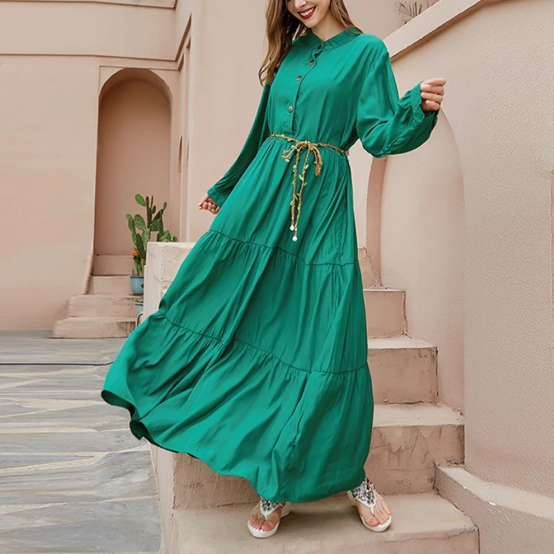 

Tinaa French Green Plus Size Dresses 2025 Spring Autumn Commuting Long Sleeve Solid Color Elegant Wide Waist A-line Long Dress