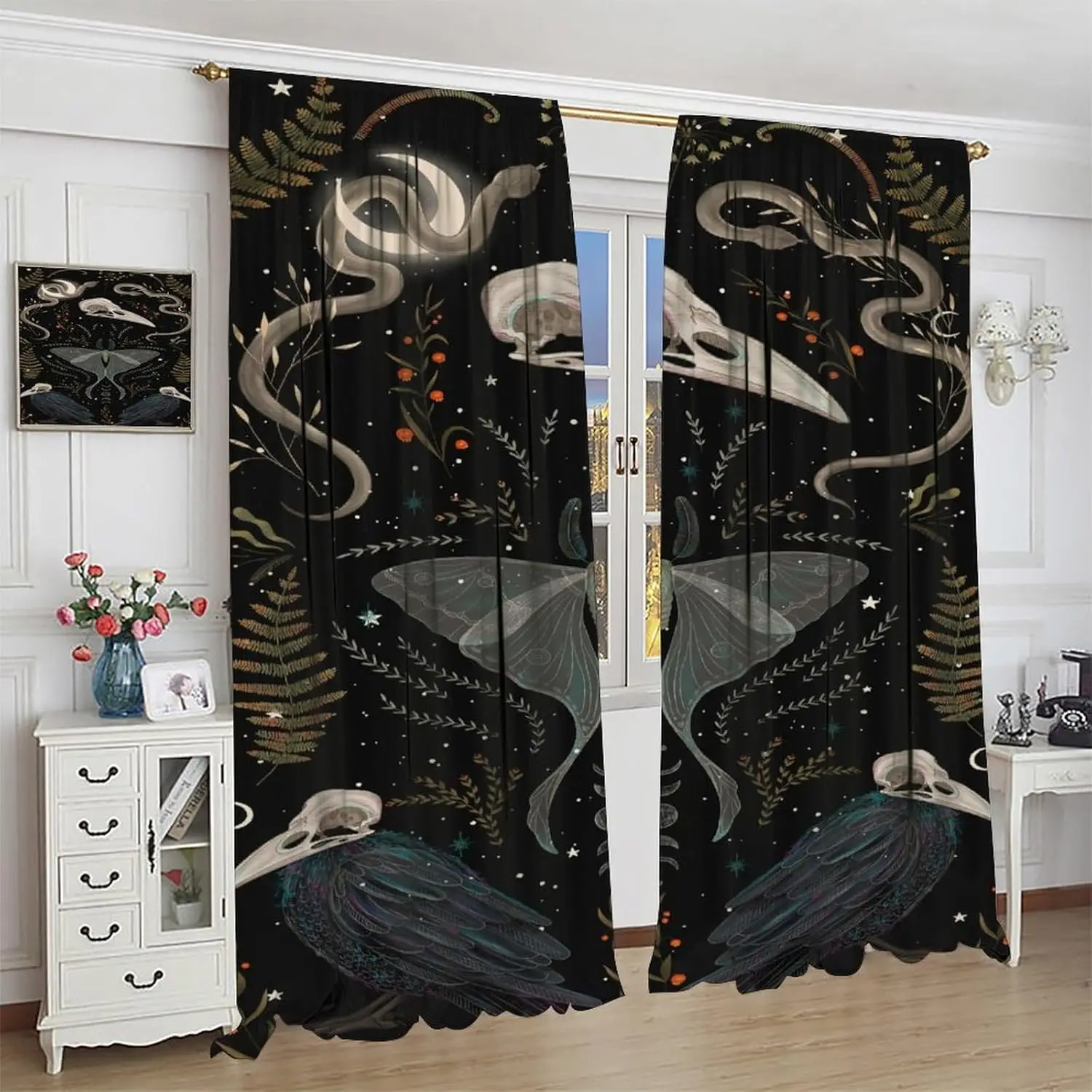 Gothic Blackout Curtain, Rerto Starry Sky Plant Moon Moth Crow Snake Pattern Window Treatments Rod Pocket Curtain for Bedroom