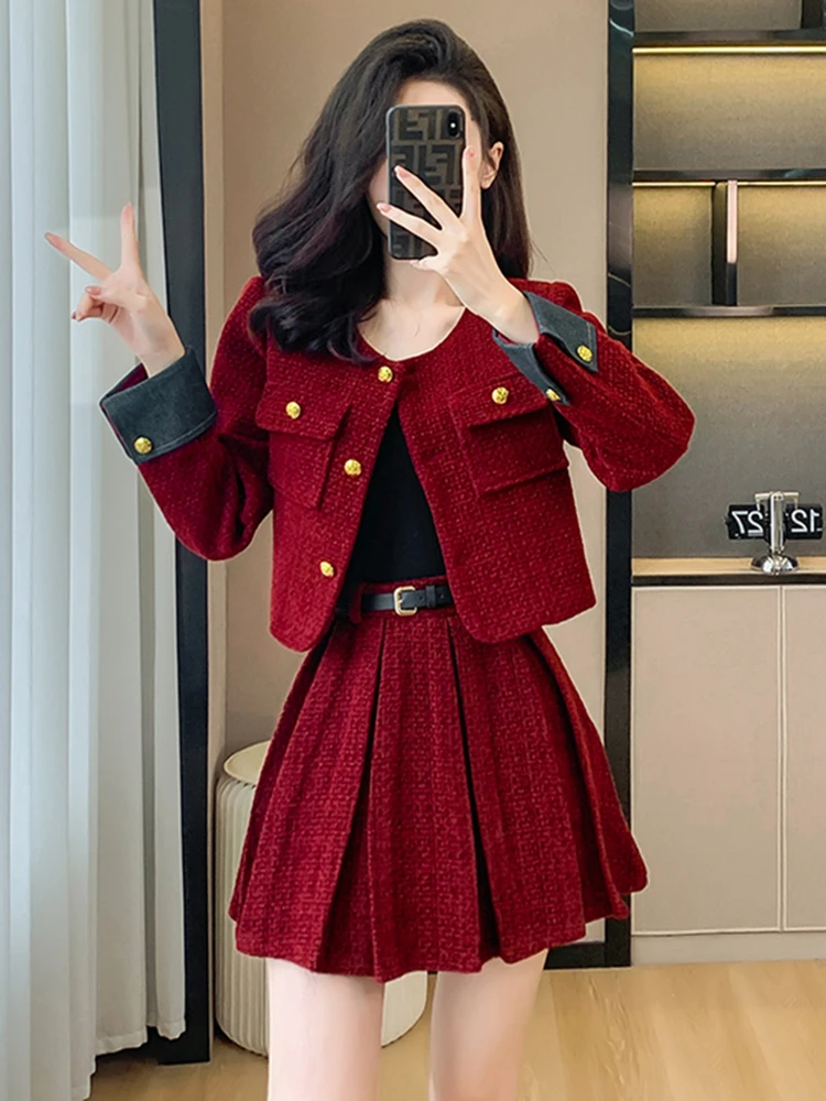 Fashion Elegant Red Suit Women\'s 2023 Autumn Winter Crewneck Gold Buckle Long Sleeve Coat+Pleated Skirt With Belt Two-Piece Set