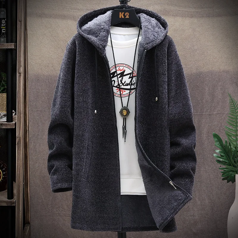 Autumn And Winter New Men\'s Hooded Knit Cardigan Velvet Thickening Sweater Fashion Sweater Korean Coat