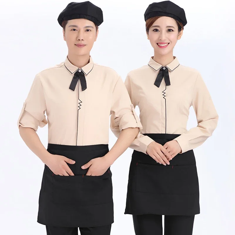 Hotel Restaurant Waiter Uniforms Coffee Shop Waitress Long Sleeve Work Shirt+Apron+Tie Set Beer Bar Worker Clothing Wholesales