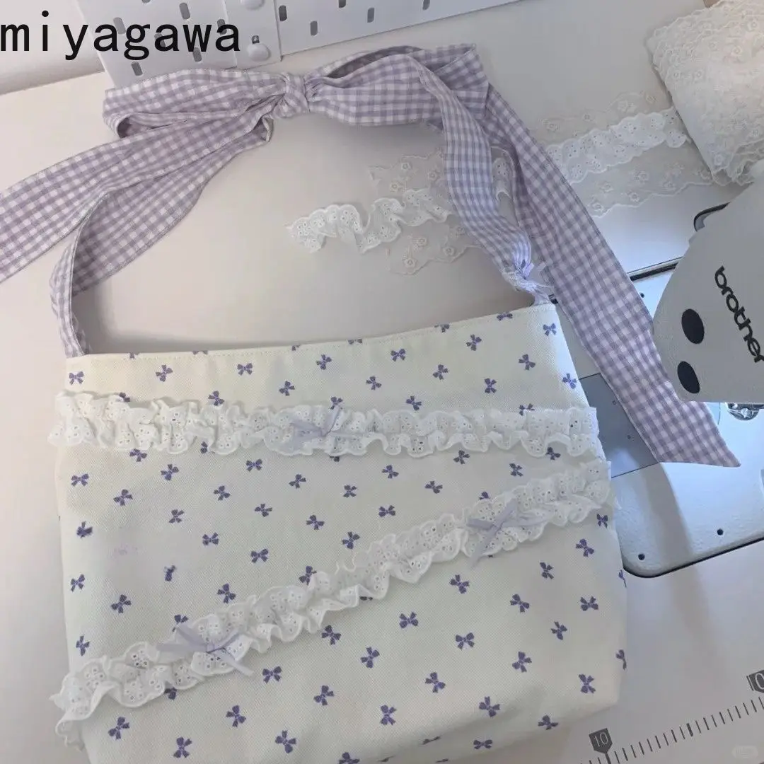 Miyagawa 2024 Summer New Checkered Bow Tie Lace Sweet Cute Girl One Shoulder Crossbody Bag