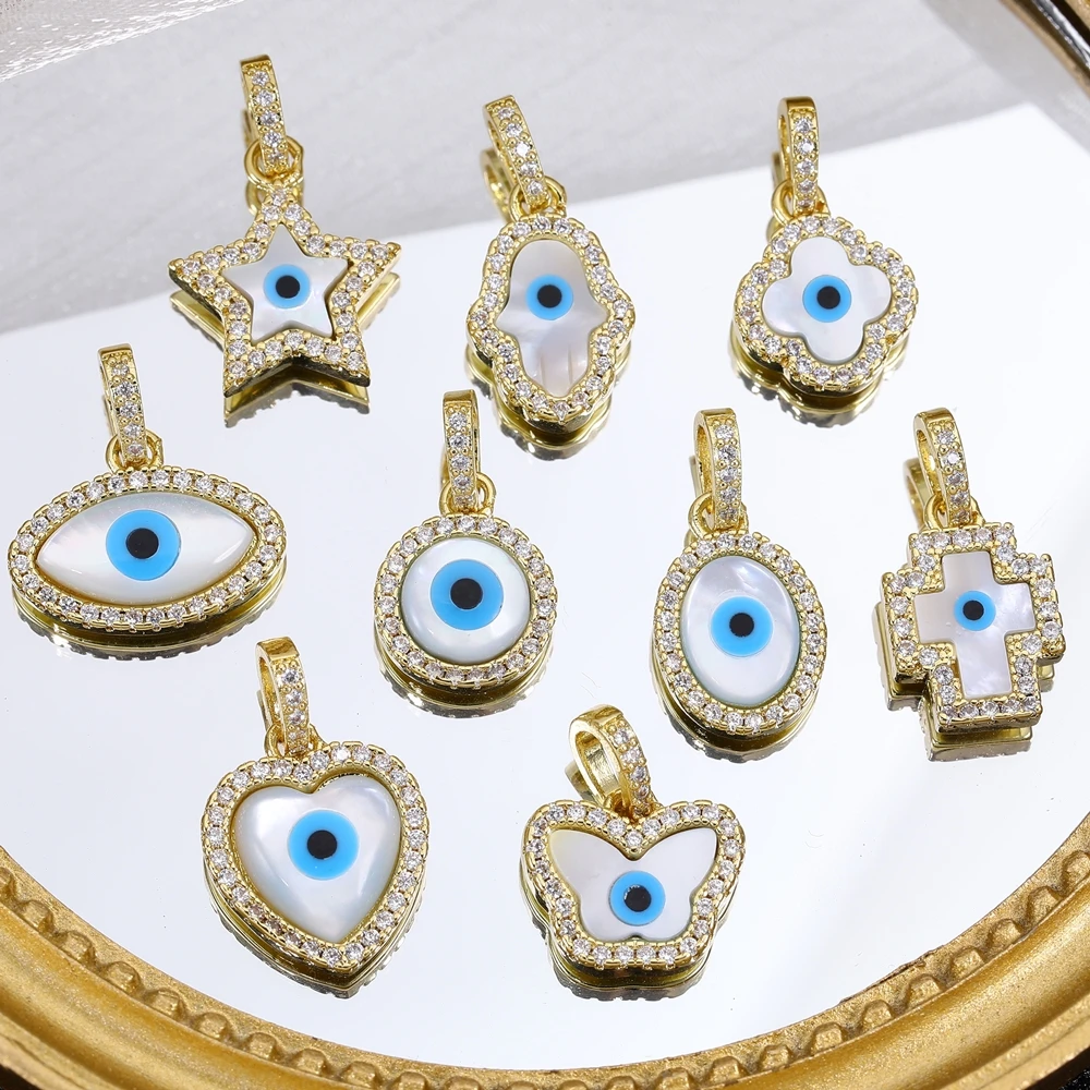 Juya Handmade 18K Gold Plated Cz Paved Base Pearl Shells Greek Evil Eye Charms For DIY Talisman Turkish Fatima Jewelry Making