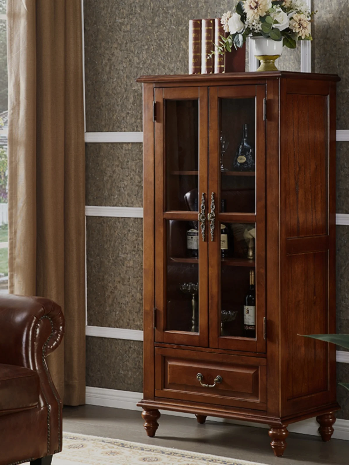 American solid wood wall TV side cabinet, living room small bookcase, household double door storage kitchen