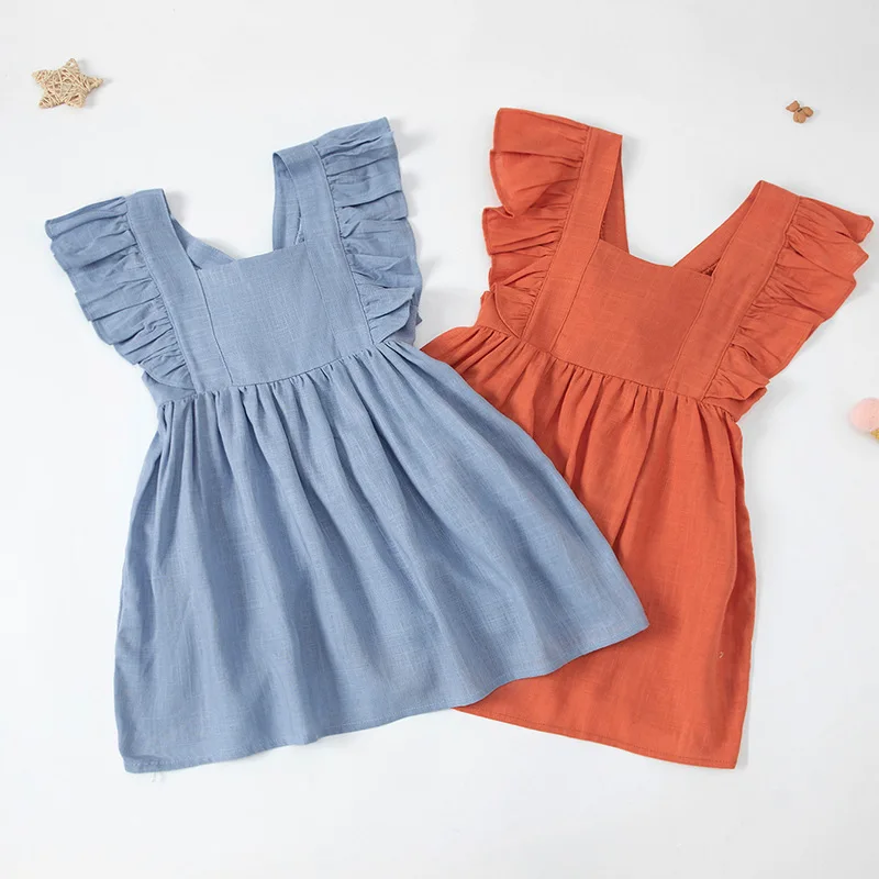 

Dress Children Girl Cotton Solid Sleeveless Ruched Bow Square Collar Go with Everything Sweet Fashion Casual Brief Korean