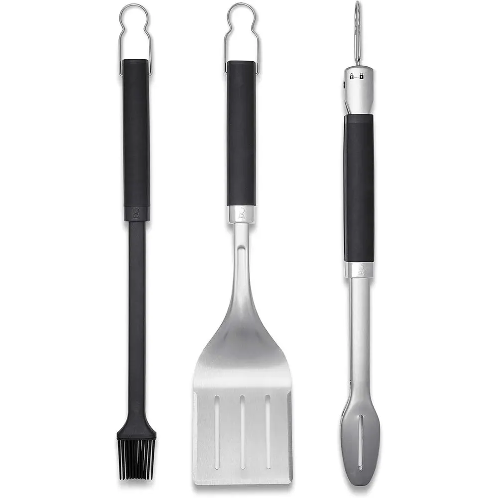 3-Piece Grilling Tool Set – Stainless Steel Tongs, Spatula & Silicone Basting Brush with Non-Slip Handles and Hands-Free Locking