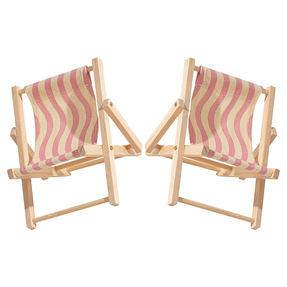 2 Pcs Beach Chair Phone Holder Tablet Miniature Desktop Decorate Wood Folding Furniture Child Kids Playhouse Toy