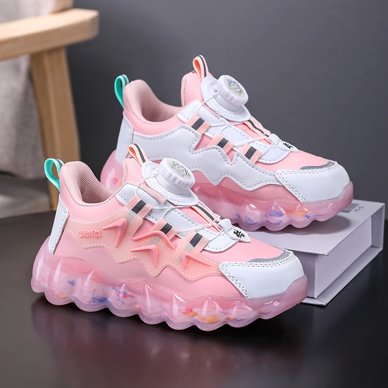 4-12 Years Boys Girls Leather Sneakers Rotating Buckle Sport Shoes Casual Running Shoes Teens Students Size 26-40