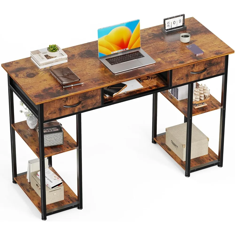 Sweetcrispy Computer Desk 48 Inch Home Office Bedroom Writing Study PC Table with Fabric Drawers Storage Shelves Space Side