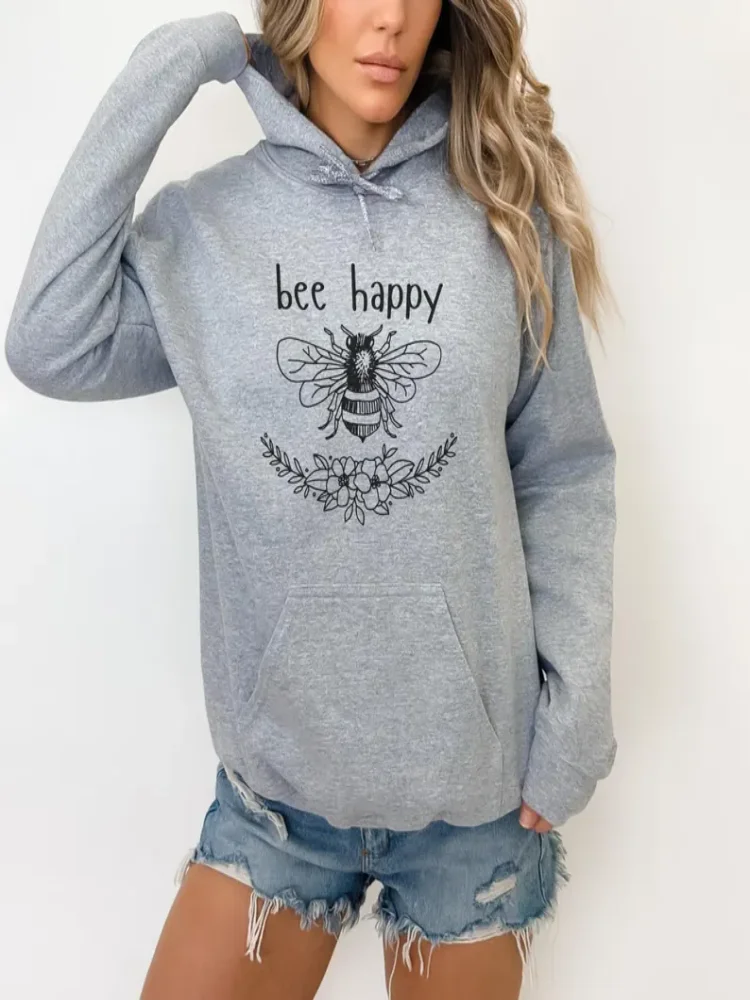 Bee Happy น่ารักฤดูใบไม้ร่วง Hoodie Positivity Bee Lover ของขวัญ Bee Hoodie น่ารัก Bee เสื้อสําหรับบุรุษและสตรีสวมใส่ทุกวัน