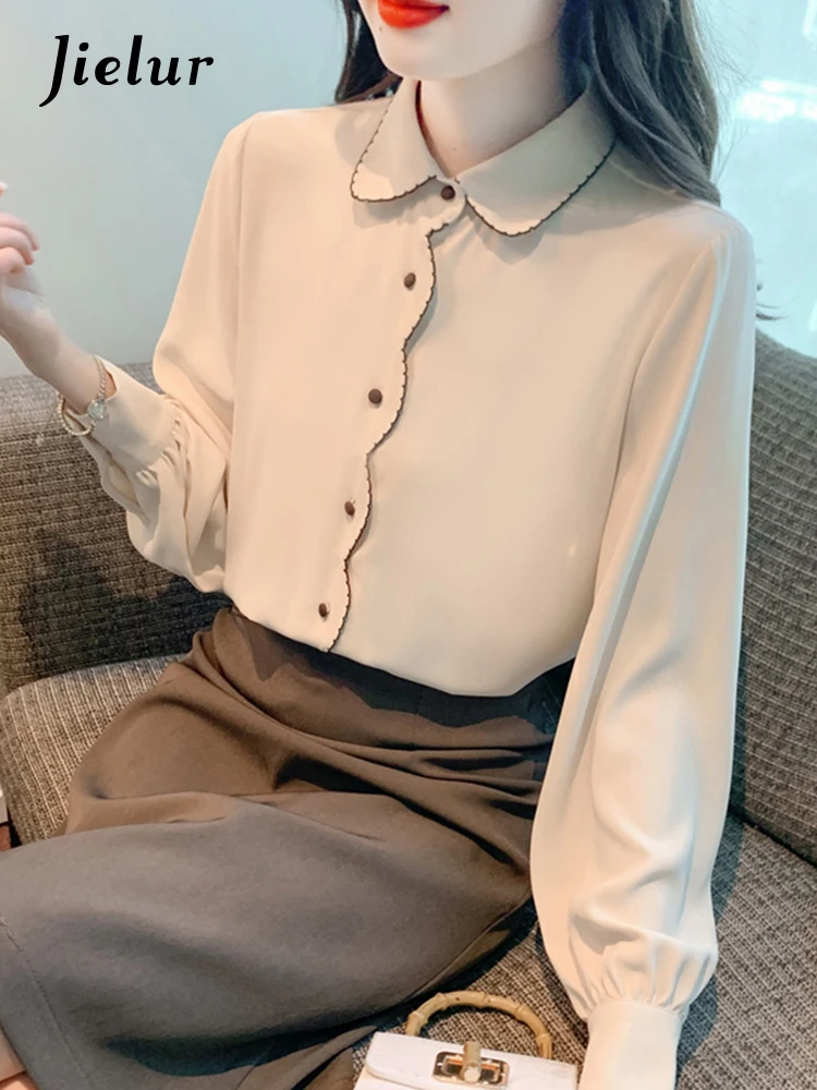 Jielur Autumn New Contrast Color Slim Women Shirt Sweet Ladies Elegant Shirt Woman Loose Office Chiffon Long-Sleeved Top Woman