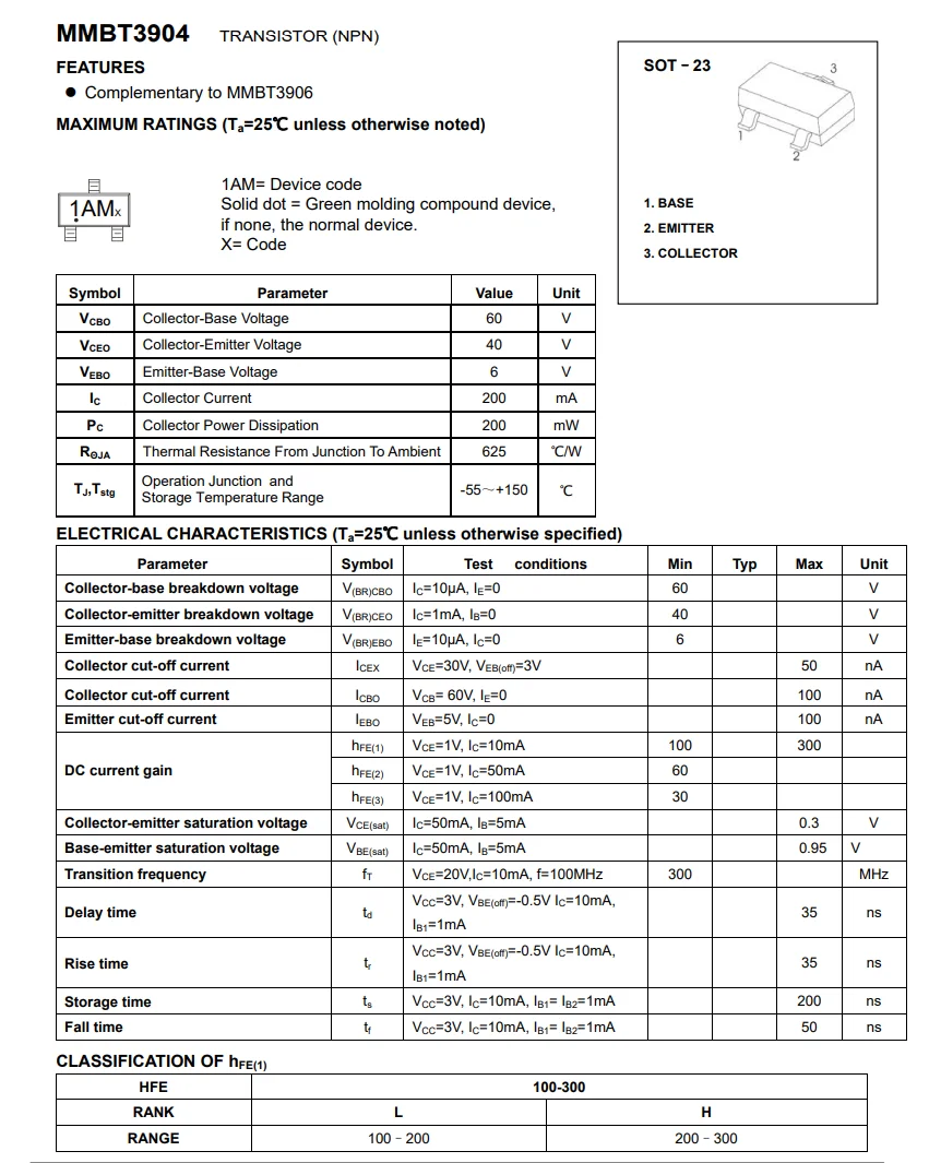 1AM SOT23 CJ 오리지널, MMBT3904, 3000 개