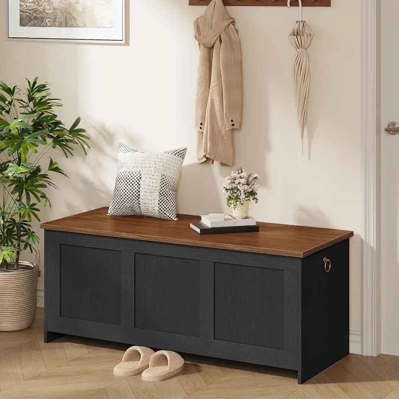 Storage Bench, 43.3" Retro Wooden Storage Chest, Wooden Storage Trunk, Toy Chest with Lift Top, Multifunctional Entryway