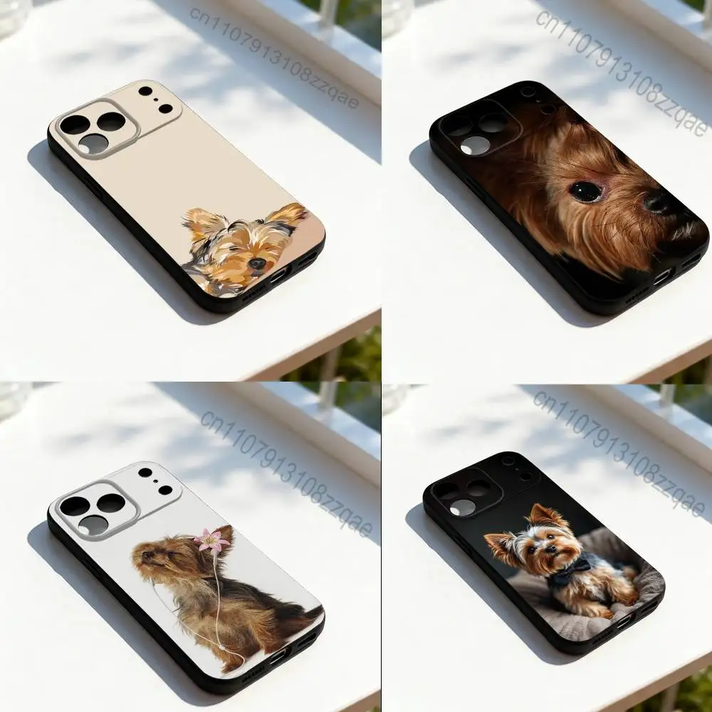 Funda de Silicona Negra Suave con Diseño de Yorkshire Terrier para iPhone 17, 16, 15, 14, 13, 12, 11, Pro, Max, Plus, E, SE4, Air, Mini