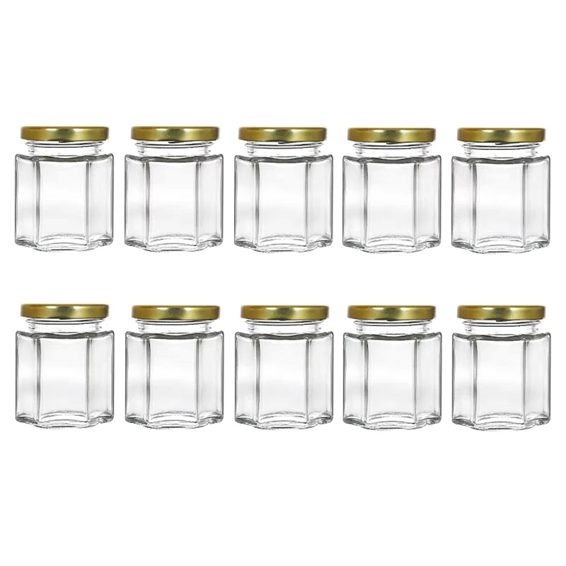 Hexagonal Glass Honey Jars with Gold Covers, Sealed Glass Bottle, Wedding, Birthday Party, Return Gifts, 180ml, 6oz, 10 Units