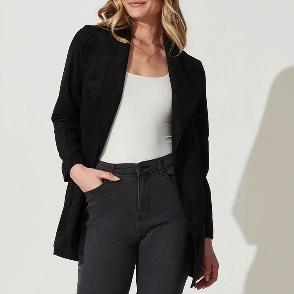 

Женский однотонный кардиган с большими лацканами, замшевый длинный рукав на осень-зиму, европейско-американский стиль