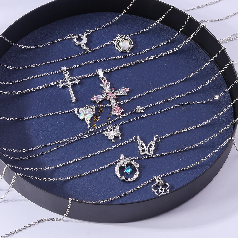 Y2K Crystal Butterfly Heart Necklace Fashion Kpop Shiny Clavicle Chain Necklaces for Women Girls New Trend Party Gifts Jewelry