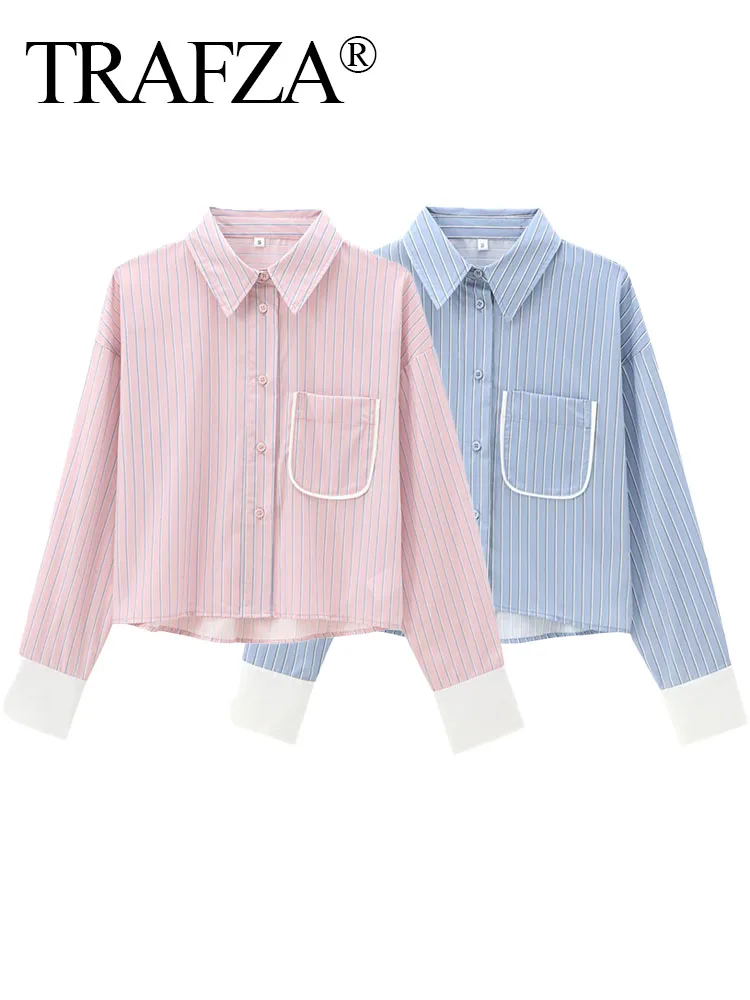 TRAFZA 2024 Female Casual Shirts Solid Stripe Turn-Down Collar Long Sleeve Pocket Single Breasted Autumn Blouses Woman Trendy