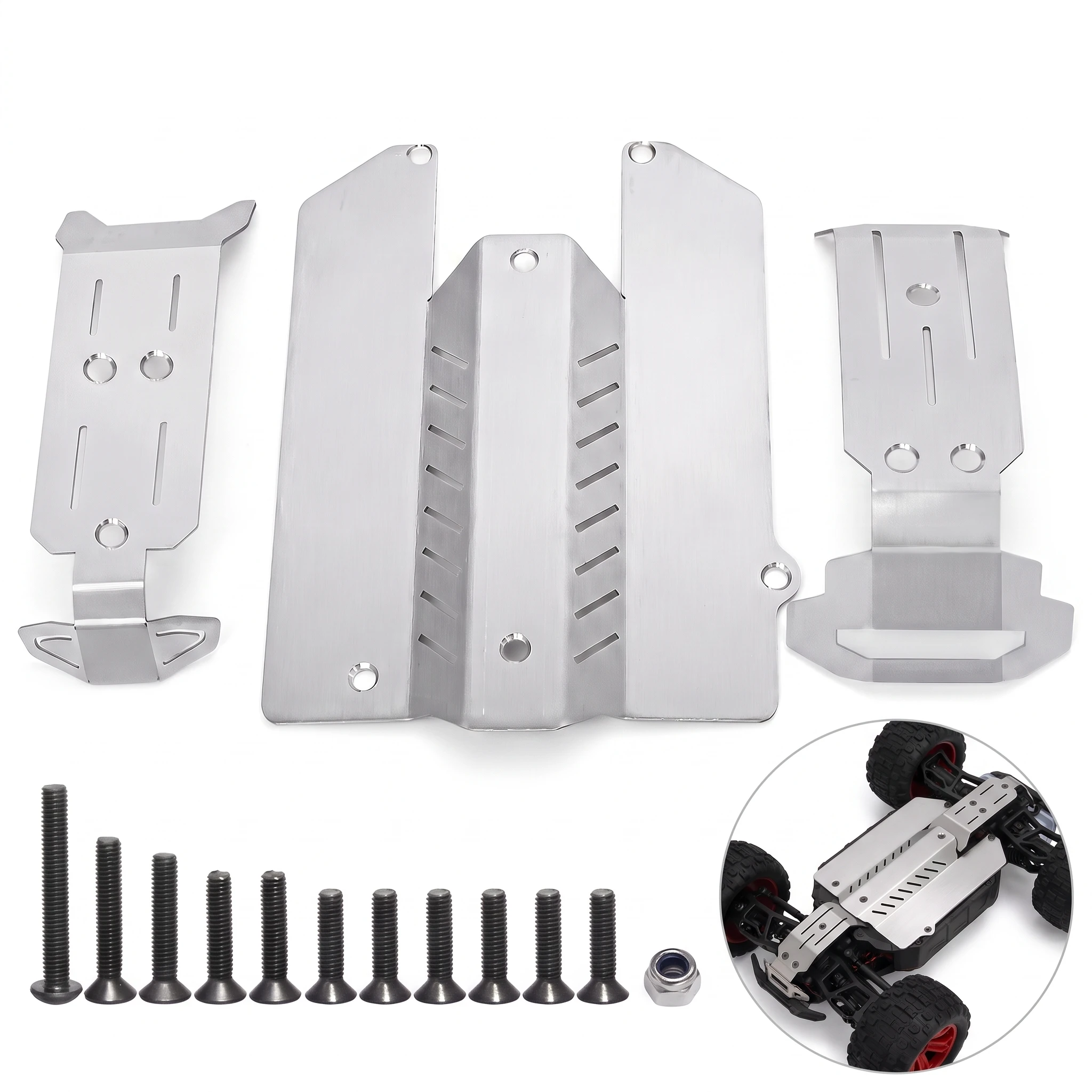 HFLRC Stainless Steel Chassis Skid Plate Armor for 1/16 Traxxas Mini Maxx 107154-1 Mini XRT 108076-1 Front Rear