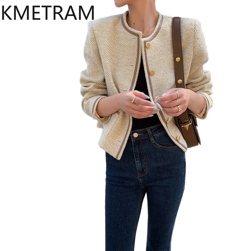 KMETRAM Natural Wool Tweed Jackets High Quality New in Outerwear 2024  All Match Coat Fall Clothes Women Chaquetas Para Mujer