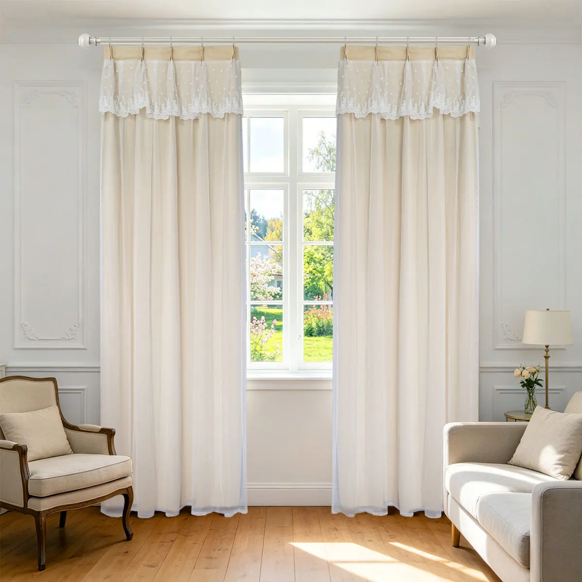 Beige Double Layer Curtains 2 Panels, Pre-Fixed Korean Pleat Star Lace Valance Medium Shading Window Drapes